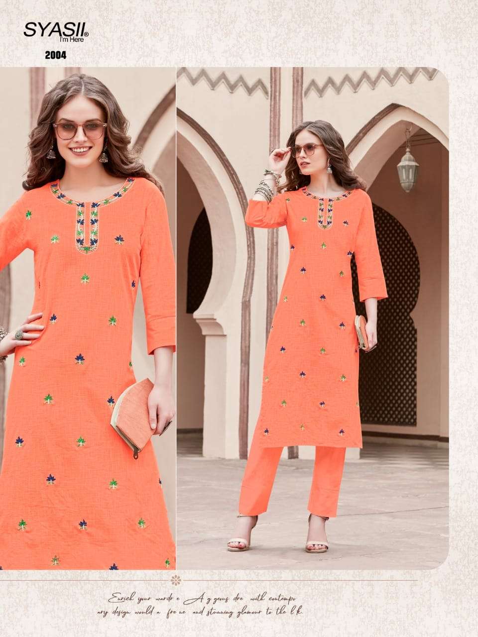PURE VOL-2 BY SYASII 2001 TO 2006 SERIES DESIGNER STYLISH FANCY COLORFUL BEAUTIFUL PARTY WEAR & ETHNIC WEAR COLLECTION PURE COTTON SLUB EMBROIDERY KURTIS WITH BOTTOM AT WHOLESALE PRICE