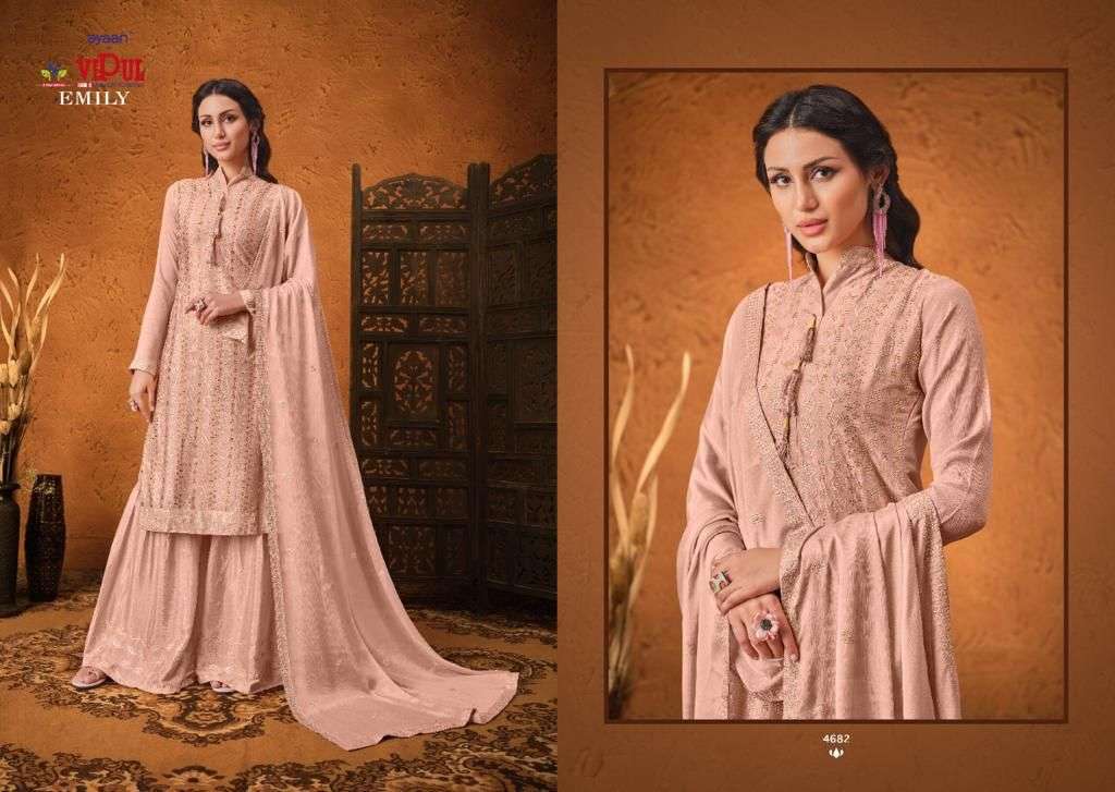 EMILY BY VIPUL FASHION 4681 TO 4686 SERIES BEAUTIFUL STYLISH SHARARA SUITS FANCY COLORFUL CASUAL WEAR & ETHNIC WEAR & READY TO WEAR CHINNON EMBROIDERED DRESSES AT WHOLESALE PRICE