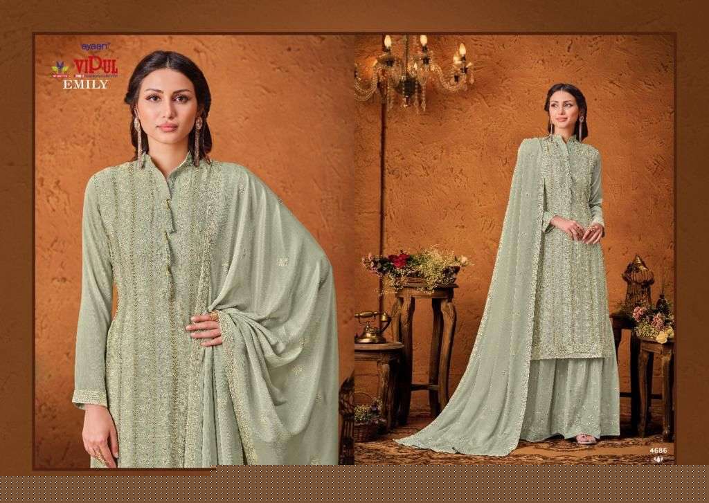 EMILY BY VIPUL FASHION 4681 TO 4686 SERIES BEAUTIFUL STYLISH SHARARA SUITS FANCY COLORFUL CASUAL WEAR & ETHNIC WEAR & READY TO WEAR CHINNON EMBROIDERED DRESSES AT WHOLESALE PRICE