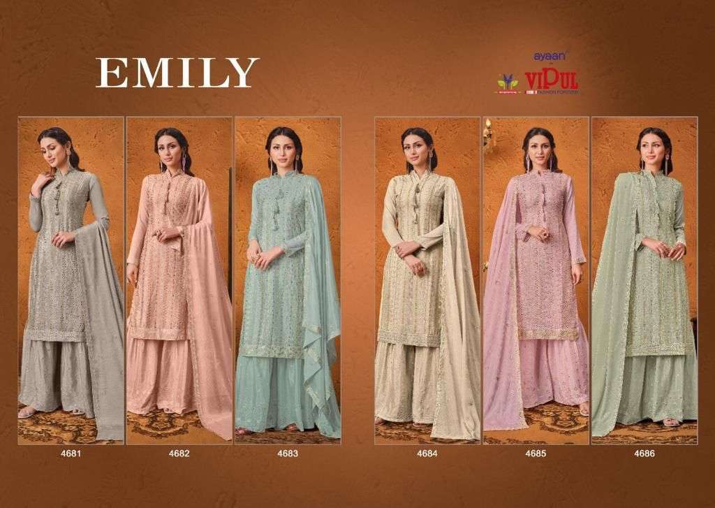 EMILY BY VIPUL FASHION 4681 TO 4686 SERIES BEAUTIFUL STYLISH SHARARA SUITS FANCY COLORFUL CASUAL WEAR & ETHNIC WEAR & READY TO WEAR CHINNON EMBROIDERED DRESSES AT WHOLESALE PRICE