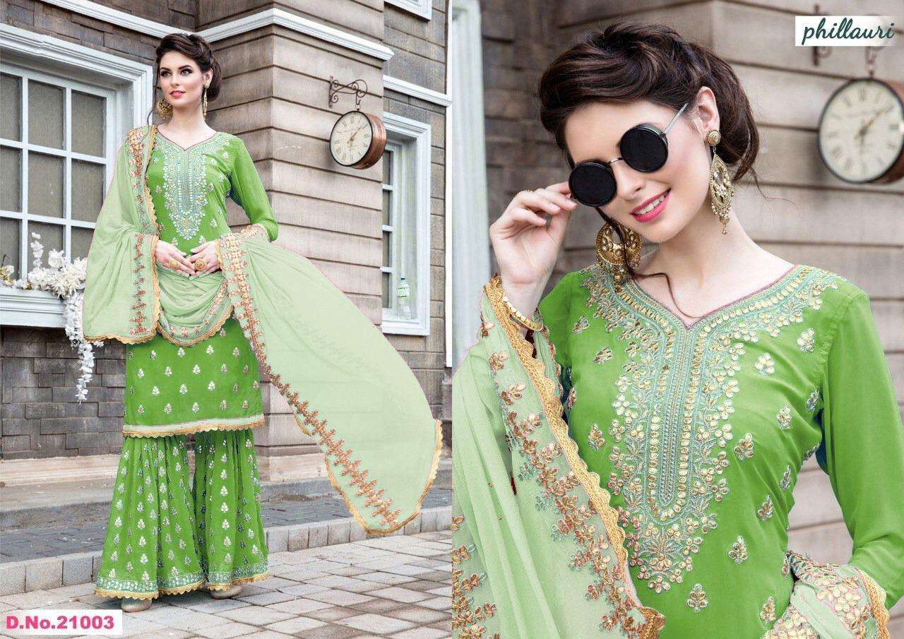 PHILLAURI HIT DESIGN 21003 BY PHILLAURI BEAUTIFUL SHARARA SUITS STYLISH FANCY COLORFUL CASUAL WEAR & ETHNIC WEAR HEAVY GEORGETTE WITH EMBROIDERED DRESSES AT WHOLESALE PRICE