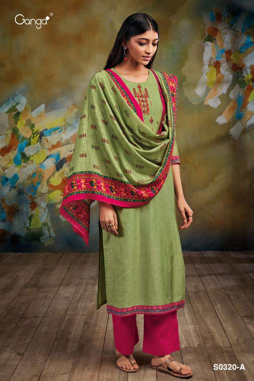 GREETHA-320 BY GANGA FASHION 320-A TO 320-D SERIES BEAUTIFUL SUITS COLORFUL STYLISH FANCY CASUAL WEAR & ETHNIC WEAR PURE BEMBERG SILK PRINT WITH EMBROIDERY WORK DRESSES AT WHOLESALE PRICE