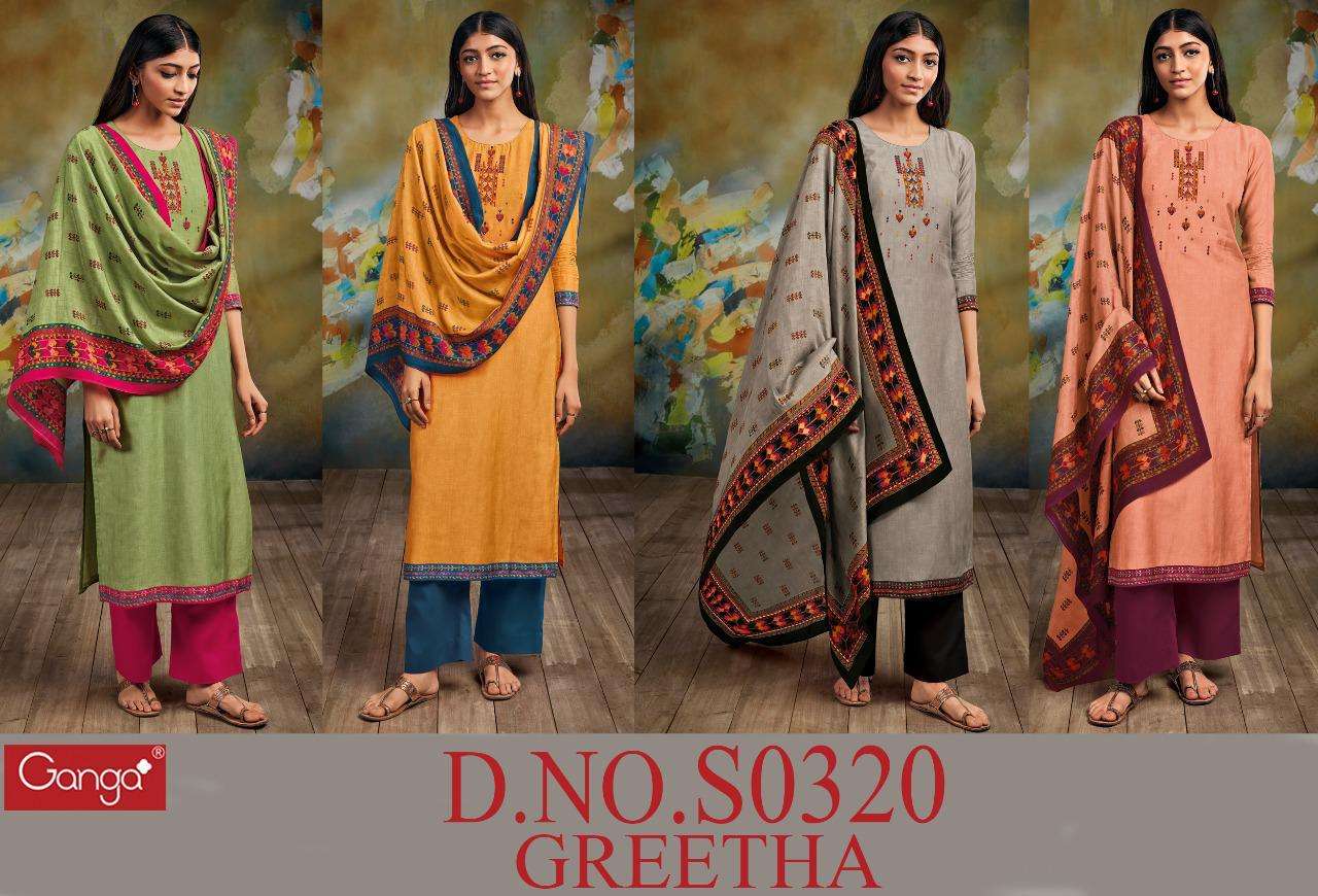 GREETHA-320 BY GANGA FASHION 320-A TO 320-D SERIES BEAUTIFUL SUITS COLORFUL STYLISH FANCY CASUAL WEAR & ETHNIC WEAR PURE BEMBERG SILK PRINT WITH EMBROIDERY WORK DRESSES AT WHOLESALE PRICE