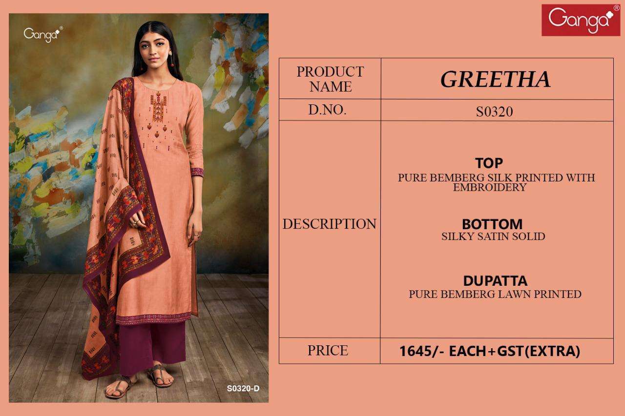 GREETHA-320 BY GANGA FASHION 320-A TO 320-D SERIES BEAUTIFUL SUITS COLORFUL STYLISH FANCY CASUAL WEAR & ETHNIC WEAR PURE BEMBERG SILK PRINT WITH EMBROIDERY WORK DRESSES AT WHOLESALE PRICE