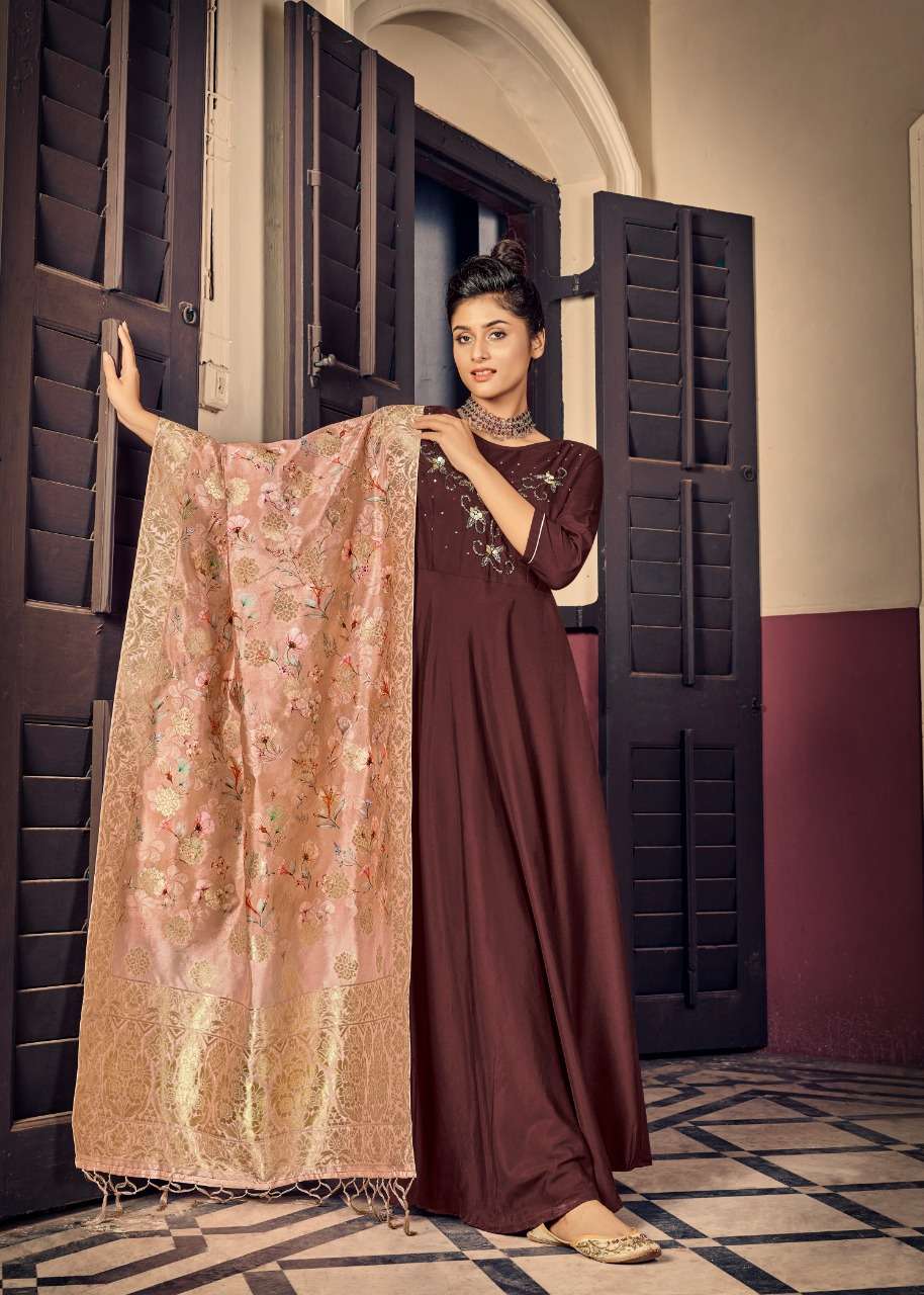AWESOME BY ALISHKA FASHION 1001 TO 1006 SERIES BEAUTIFUL STYLISH FANCY COLORFUL CASUAL WEAR & ETHNIC WEAR PURE MUSLIN SILK GOWNS WITH DUPATTA AT WHOLESALE PRICE