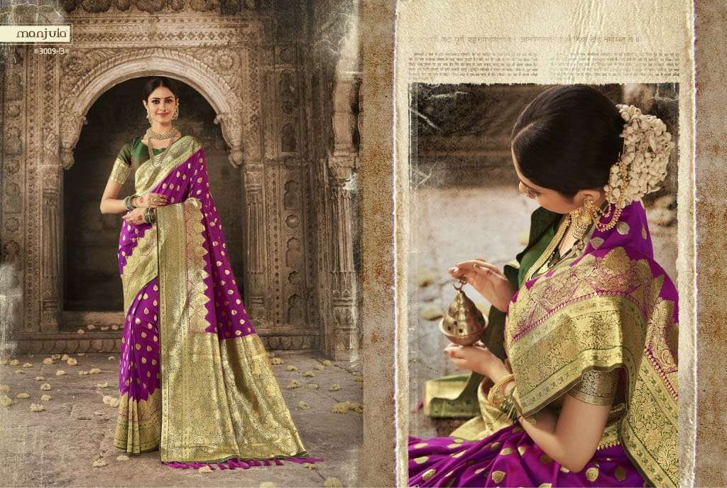VANDANA BY MANJULA 3009-A TO 3009-G SERIES INDIAN TRADITIONAL WEAR COLLECTION BEAUTIFUL STYLISH FANCY COLORFUL PARTY WEAR & OCCASIONAL WEAR SILK SAREES AT WHOLESALE PRICE