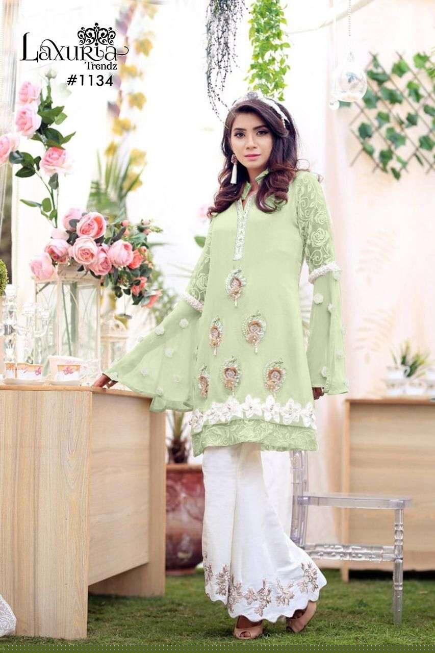 LUXURIA TRENDZ 1134 COLOURS BY LUXURIA 1134-A TO 1134-D SERIES STYLISH FANCY BEAUTIFUL COLORFUL CASUAL WEAR & ETHNIC WEAR HEAVY FAUX GEORGETTE KURTIS WITH BOTTOM AT WHOLESALE PRICE
