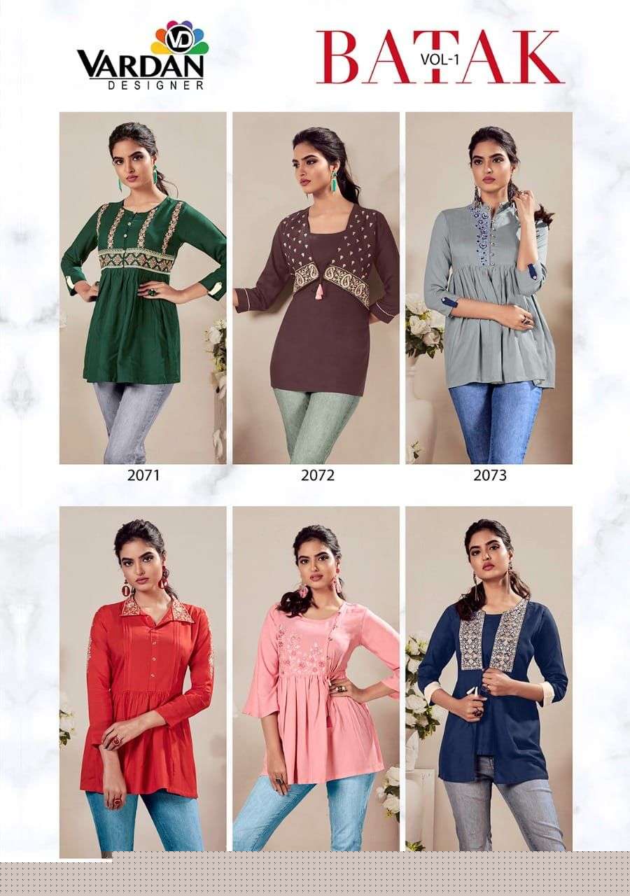 Batak Vol-1 By Vardan Designer 2071 To 2076 Series Beautiful Stylish Fancy Colorful Casual Wear & Ethnic Wear Heavy Rayon Tops At Wholesale Price