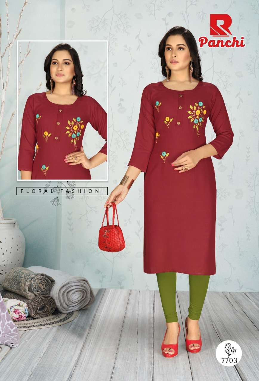 PANCHI BY RAASHI 7701 TO 7712 SERIES DESIGNER STYLISH FANCY COLORFUL BEAUTIFUL PARTY WEAR & ETHNIC WEAR COLLECTION RAYON EMBROIDERY KURTIS AT WHOLESALE PRICE