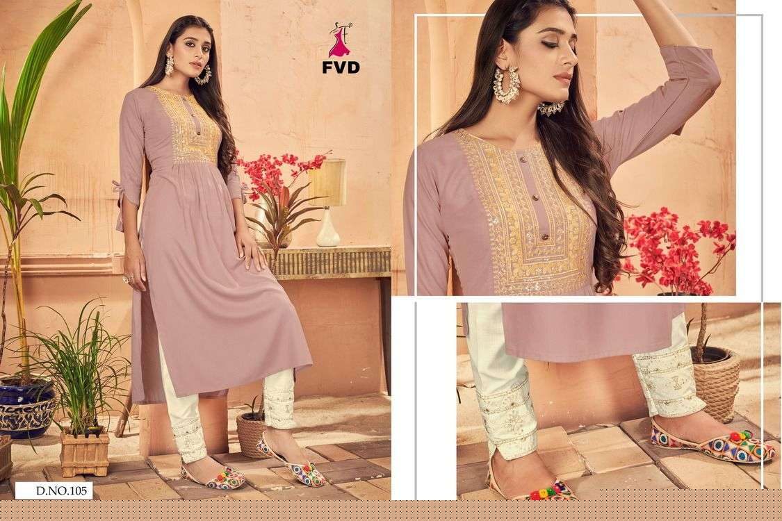 KESHAR BY FVD 101 TO 108 SERIES DESIGNER STYLISH FANCY COLORFUL BEAUTIFUL PARTY WEAR & ETHNIC WEAR COLLECTION RAYON PRINT KURTIS WITH BOTTOM AT WHOLESALE PRICE