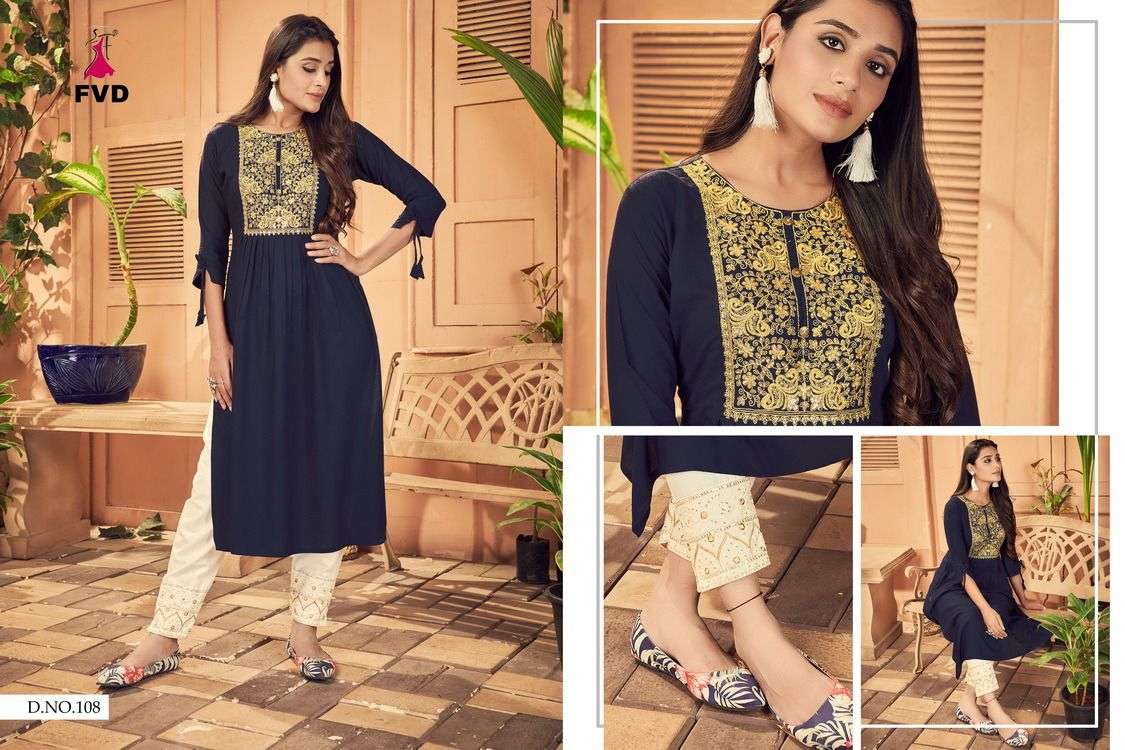 KESHAR BY FVD 101 TO 108 SERIES DESIGNER STYLISH FANCY COLORFUL BEAUTIFUL PARTY WEAR & ETHNIC WEAR COLLECTION RAYON PRINT KURTIS WITH BOTTOM AT WHOLESALE PRICE