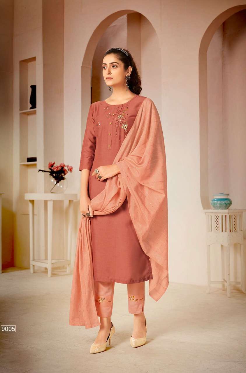 MASCARA BY RT 9001 TO 9006 SERIES BEAUTIFUL SUITS COLORFUL STYLISH FANCY CASUAL WEAR & ETHNIC WEAR CHINNON SILK DRESSES AT WHOLESALE PRICE