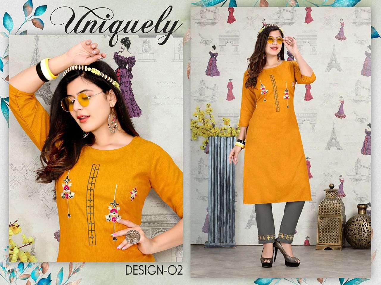 UNIQUE VOL-2 BY TRENDY 01 TO 08 SERIES DESIGNER STYLISH FANCY COLORFUL BEAUTIFUL PARTY WEAR & ETHNIC WEAR COLLECTION RAYON EMBROIDERY KURTIS WITH BOTTOM AT WHOLESALE PRICE