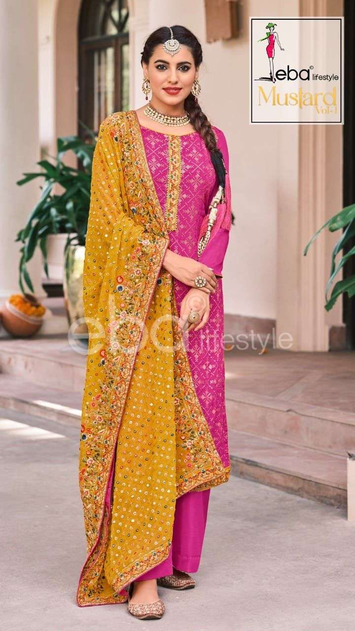 MUSTARD BY EBA LIFESTYLE 1336 TO 1339 SERIES BEAUTIFUL SHARARA SUITS COLORFUL STYLISH FANCY CASUAL WEAR & ETHNIC WEAR FAUX GEORGETTE DRESSES AT WHOLESALE PRICE