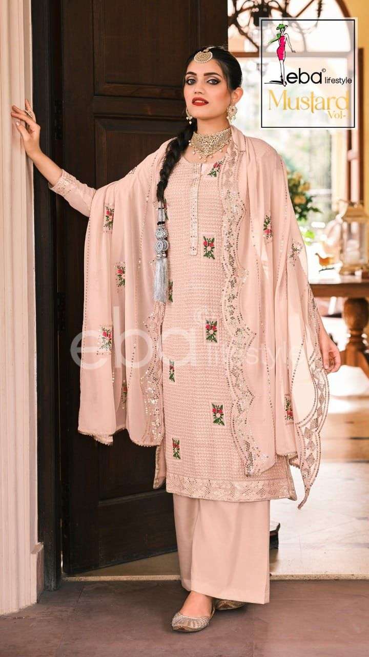 MUSTARD BY EBA LIFESTYLE 1336 TO 1339 SERIES BEAUTIFUL SHARARA SUITS COLORFUL STYLISH FANCY CASUAL WEAR & ETHNIC WEAR FAUX GEORGETTE DRESSES AT WHOLESALE PRICE