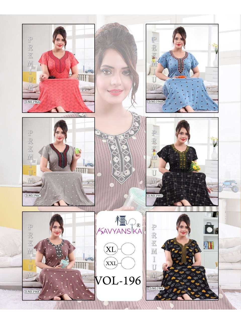 KAVYANSHIKA VOL-196 BY KAVYANSHIKA 196-A TO 196-F SERIES BEAUTIFUL STYLISH FANCY COLORFUL CASUAL WEAR & ETHNIC WEAR COTTON HOSIERY GOWNS AT WHOLESALE PRICE