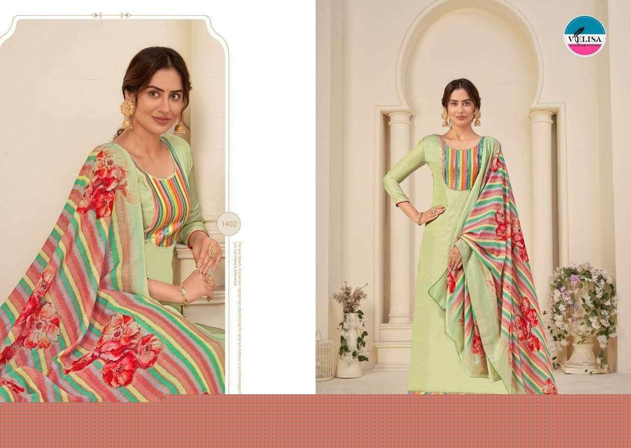 LAILA BY VELISA 1401 TO 1404 SERIES BEAUTIFUL SUITS COLORFUL STYLISH FANCY CASUAL WEAR & ETHNIC WEAR TUSSAR SILK EMBROIDERED DRESSES AT WHOLESALE PRICE