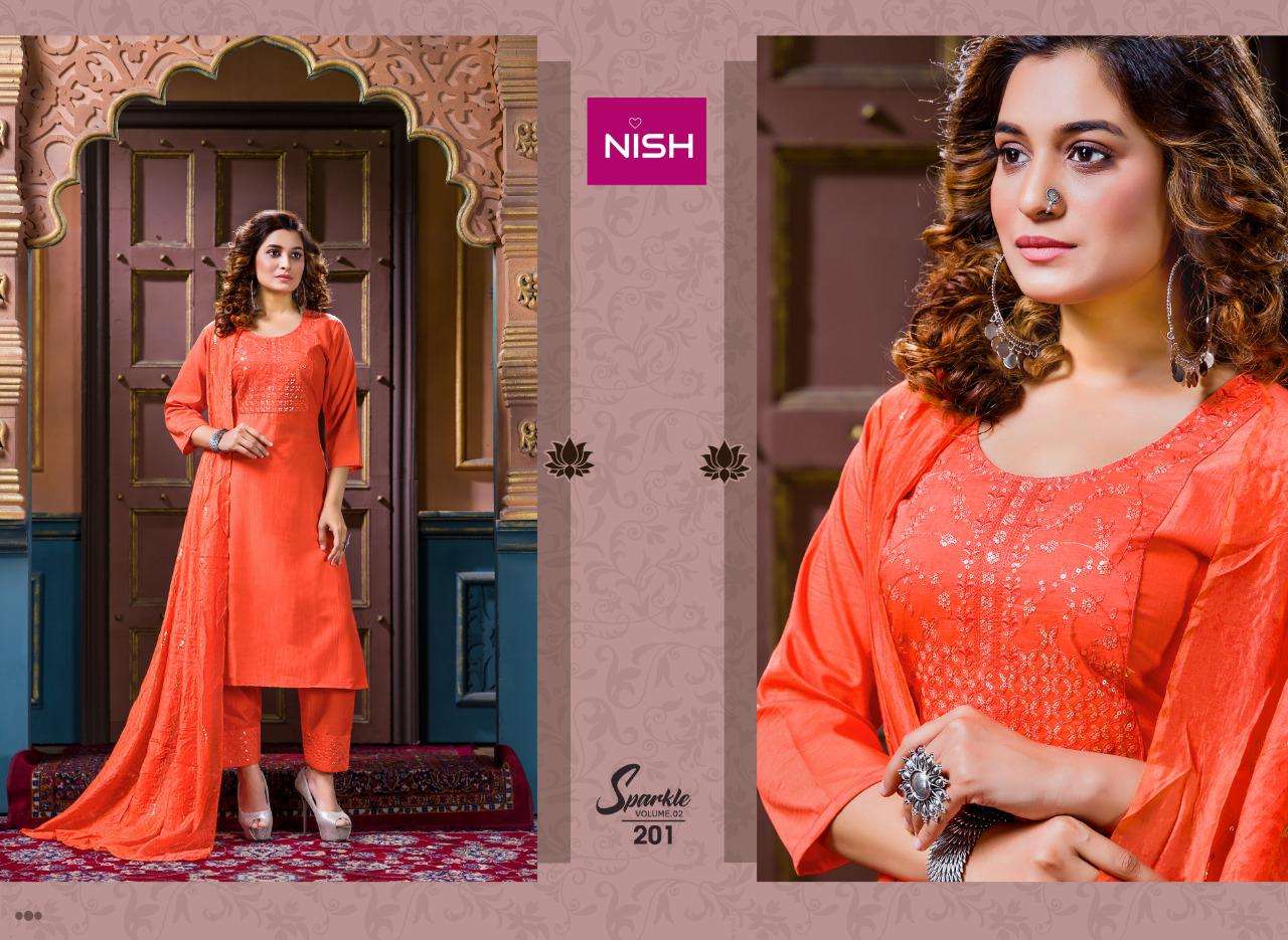 SPARKLE VOL-2 BY NISH 201 TO 206 SERIES BEAUTIFUL SUITS COLORFUL STYLISH FANCY CASUAL WEAR & ETHNIC WEAR HEAVY CHINNON DRESSES AT WHOLESALE PRICE