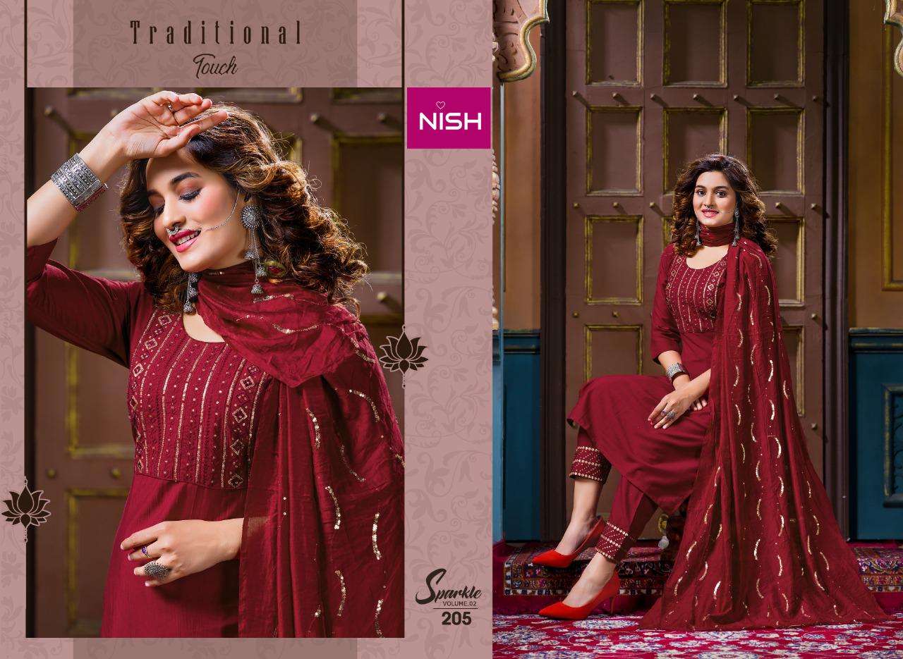 SPARKLE VOL-2 BY NISH 201 TO 206 SERIES BEAUTIFUL SUITS COLORFUL STYLISH FANCY CASUAL WEAR & ETHNIC WEAR HEAVY CHINNON DRESSES AT WHOLESALE PRICE