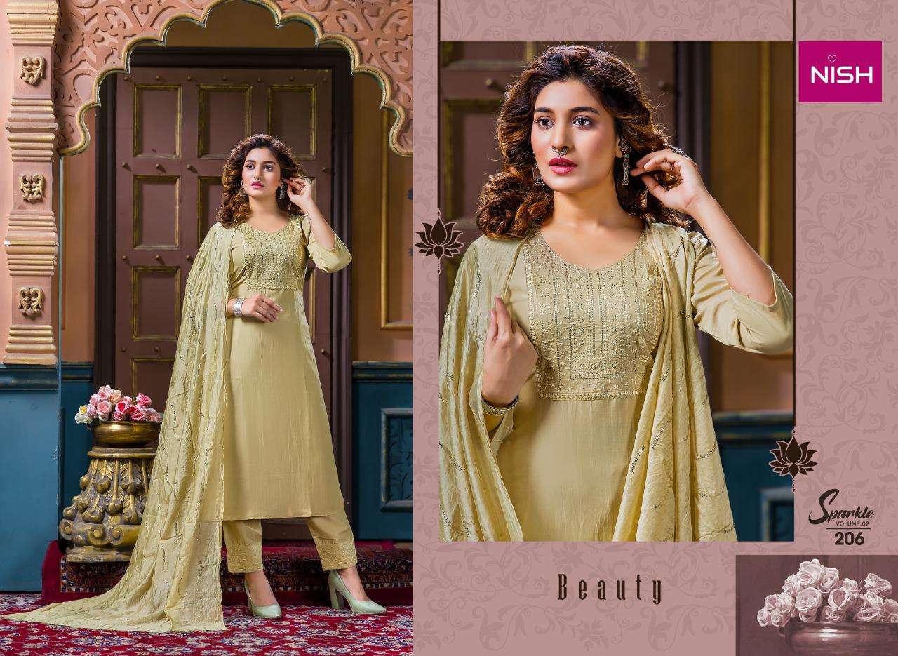 SPARKLE VOL-2 BY NISH 201 TO 206 SERIES BEAUTIFUL SUITS COLORFUL STYLISH FANCY CASUAL WEAR & ETHNIC WEAR HEAVY CHINNON DRESSES AT WHOLESALE PRICE