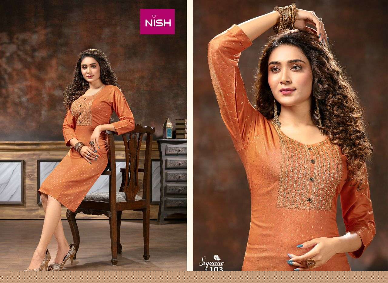 SEQUENCE BY NISH 101 TO 108 SERIES DESIGNER STYLISH FANCY COLORFUL BEAUTIFUL PARTY WEAR & ETHNIC WEAR COLLECTION RAYON DOBBY KURTIS AT WHOLESALE PRICE