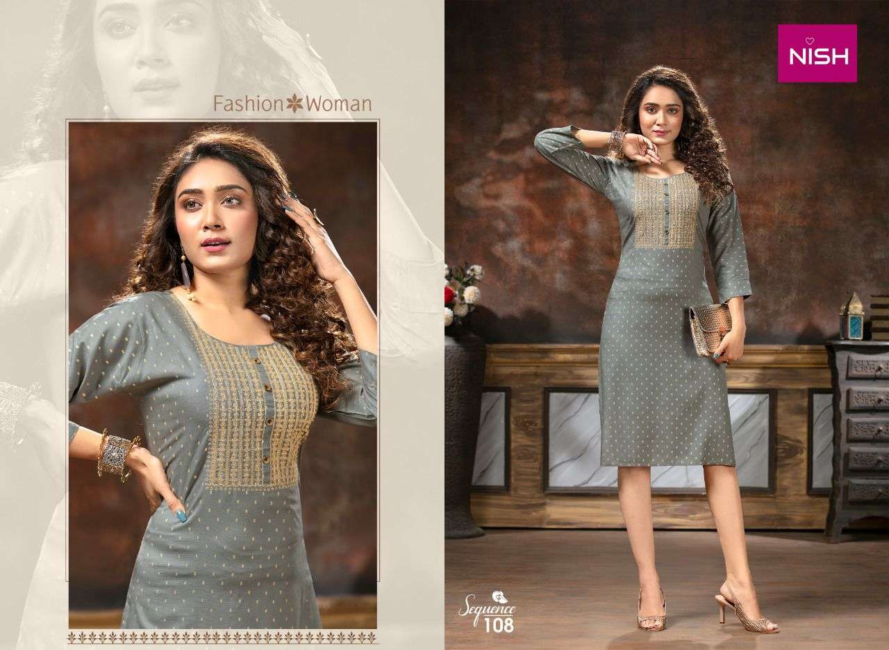SEQUENCE BY NISH 101 TO 108 SERIES DESIGNER STYLISH FANCY COLORFUL BEAUTIFUL PARTY WEAR & ETHNIC WEAR COLLECTION RAYON DOBBY KURTIS AT WHOLESALE PRICE