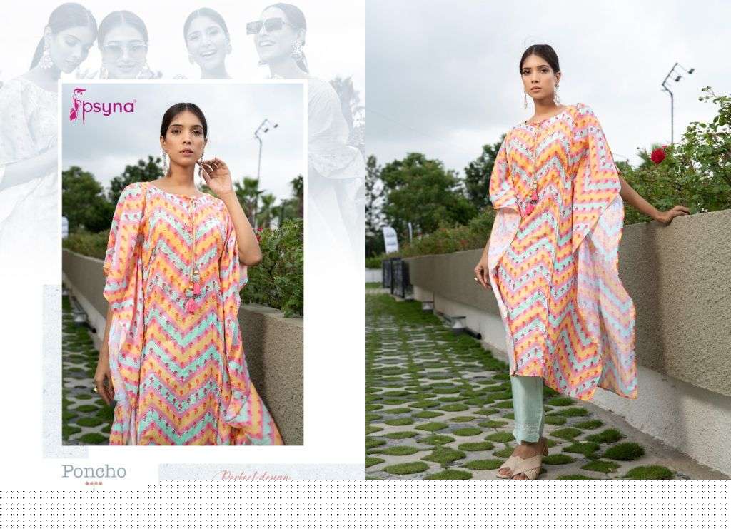 PONCHO BY PSYNA 1001 TO 1005 SERIES DESIGNER STYLISH FANCY COLORFUL BEAUTIFUL PARTY WEAR & ETHNIC WEAR COLLECTION MUSLIN PRINT KURTIS WITH BOTTOM AT WHOLESALE PRICE
