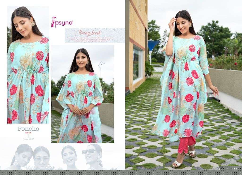 PONCHO BY PSYNA 1001 TO 1005 SERIES DESIGNER STYLISH FANCY COLORFUL BEAUTIFUL PARTY WEAR & ETHNIC WEAR COLLECTION MUSLIN PRINT KURTIS WITH BOTTOM AT WHOLESALE PRICE