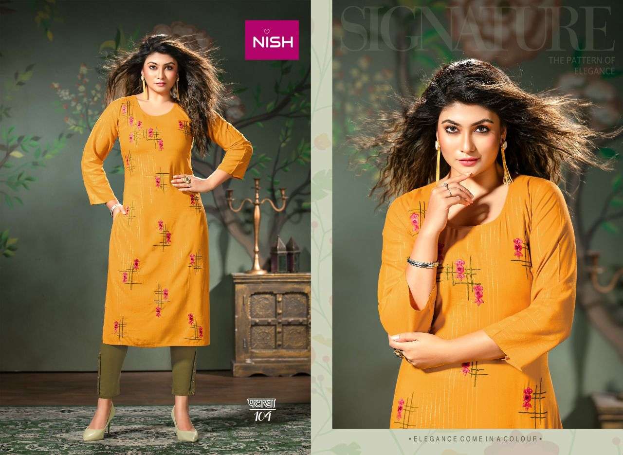 PATAKHA BY NISH 101 TO 108 SERIES DESIGNER STYLISH FANCY COLORFUL BEAUTIFUL PARTY WEAR & ETHNIC WEAR COLLECTION RAYON WITH WORK KURTIS WITH BOTTOM AT WHOLESALE PRICE