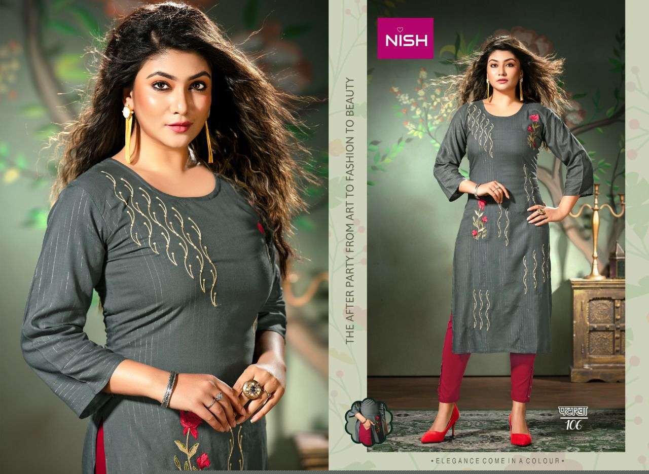 PATAKHA BY NISH 101 TO 108 SERIES DESIGNER STYLISH FANCY COLORFUL BEAUTIFUL PARTY WEAR & ETHNIC WEAR COLLECTION RAYON WITH WORK KURTIS WITH BOTTOM AT WHOLESALE PRICE