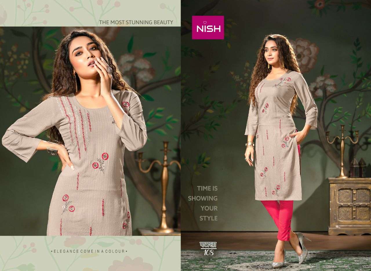 PATAKHA BY NISH 101 TO 108 SERIES DESIGNER STYLISH FANCY COLORFUL BEAUTIFUL PARTY WEAR & ETHNIC WEAR COLLECTION RAYON WITH WORK KURTIS WITH BOTTOM AT WHOLESALE PRICE