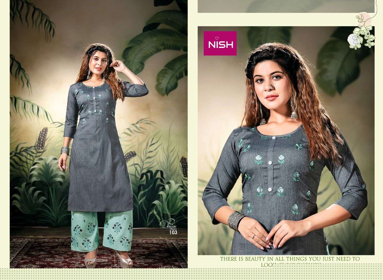 DENIM DARIES BY NISH 101 TO 106 SERIES DESIGNER STYLISH FANCY COLORFUL BEAUTIFUL PARTY WEAR & ETHNIC WEAR COLLECTION DENIM LYCRA KURTIS WITH BOTTOM AT WHOLESALE PRICE