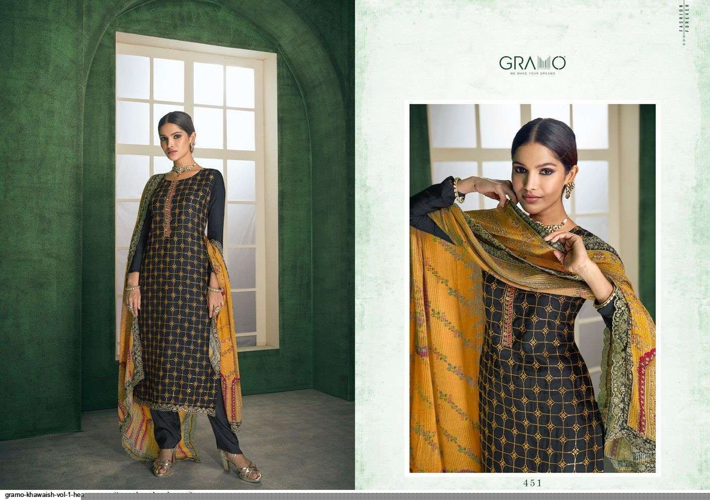 KHAWAISH BY GRAMO 451 TO 456 SERIES BEAUTIFUL SUITS COLORFUL STYLISH FANCY CASUAL WEAR & ETHNIC WEAR FANCY DRESSES AT WHOLESALE PRICE