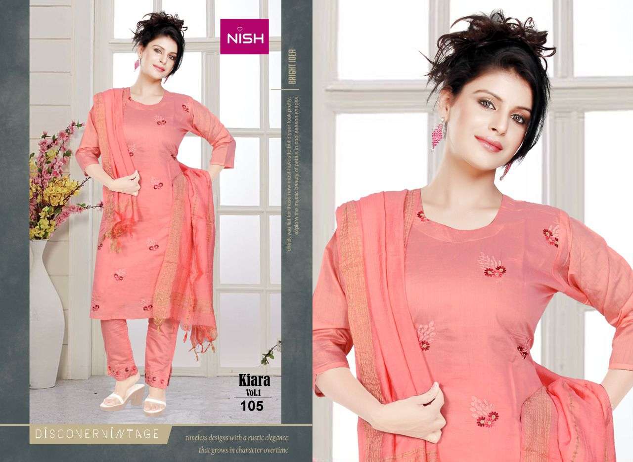 KIARA VOL-1 BY NISH 101 TO 106 SERIES BEAUTIFUL SUITS COLORFUL STYLISH FANCY CASUAL WEAR & ETHNIC WEAR CHANDERI DRESSES AT WHOLESALE PRICE