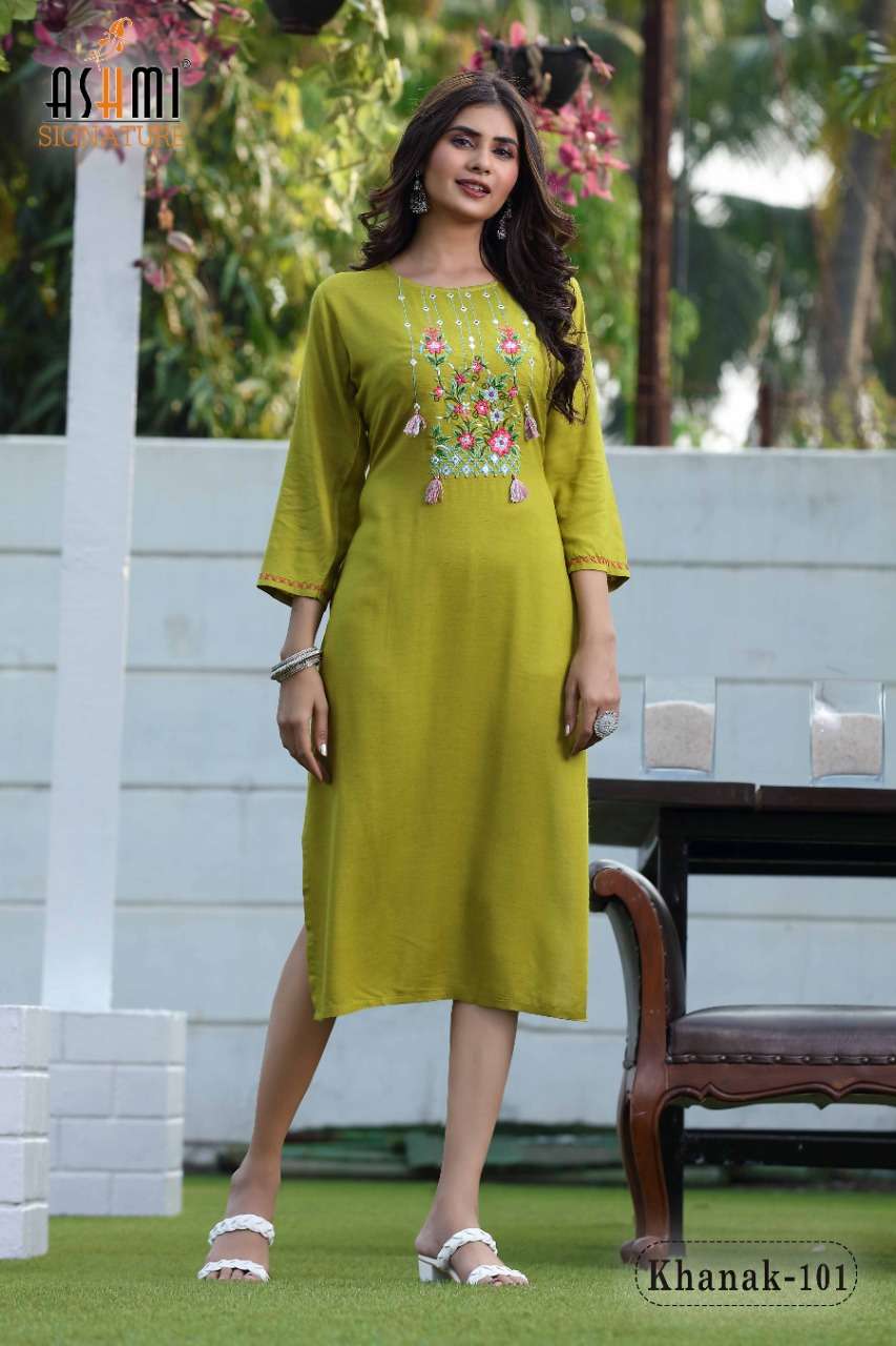 KHANAK BY ASHMI 101 TO 110 SERIES DESIGNER STYLISH FANCY COLORFUL BEAUTIFUL PARTY WEAR & ETHNIC WEAR COLLECTION RAYON EMBROIDERY KURTIS AT WHOLESALE PRICE