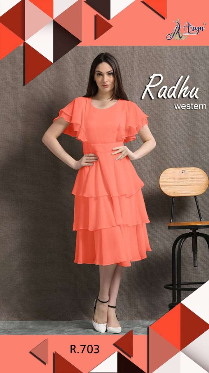 RADHU BY ARYA DRESS MAKER 701 TO 706 SERIES DESIGNER STYLISH FANCY COLORFUL BEAUTIFUL PARTY WEAR & ETHNIC WEAR COLLECTION FAUX GEORGETTE KURTIS AT WHOLESALE PRICE