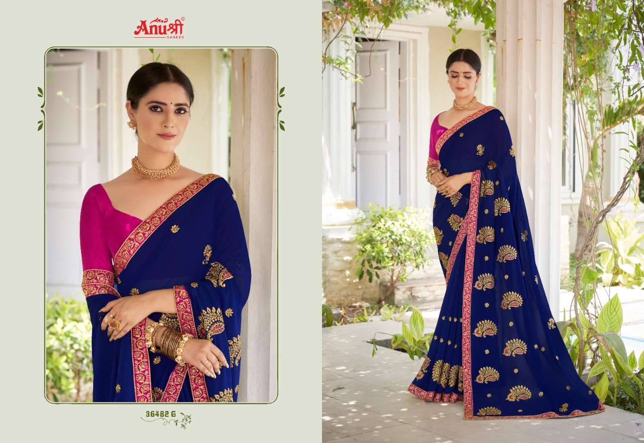 INDUKALA BY ANUSHREE 36482-A TO 36482-H SERIES INDIAN TRADITIONAL WEAR COLLECTION BEAUTIFUL STYLISH FANCY COLORFUL PARTY WEAR & OCCASIONAL WEAR GEORGETTE SAREES AT WHOLESALE PRICE
