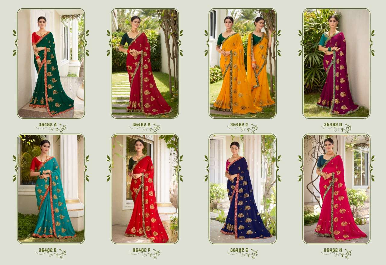 INDUKALA BY ANUSHREE 36482-A TO 36482-H SERIES INDIAN TRADITIONAL WEAR COLLECTION BEAUTIFUL STYLISH FANCY COLORFUL PARTY WEAR & OCCASIONAL WEAR GEORGETTE SAREES AT WHOLESALE PRICE