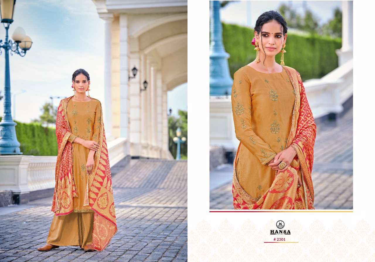 BINDIYA BY HANSA PRINTS 2301 TO 2305 SERIES BEAUTIFUL SUITS COLORFUL STYLISH FANCY CASUAL WEAR & ETHNIC WEAR SATIN GEORGETTE WITH WORK DRESSES AT WHOLESALE PRICE