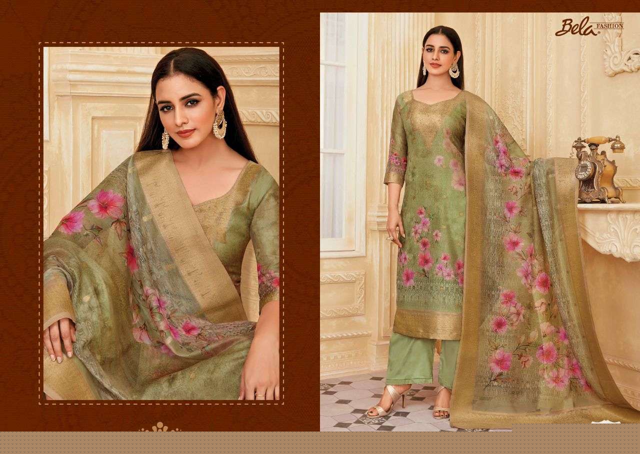 RAINA BY BELA FASHION 2079 TO 2086 SERIES BEAUTIFUL SUITS COLORFUL STYLISH FANCY CASUAL WEAR & ETHNIC WEAR ORGANZA JACQUARD PRINT DRESSES AT WHOLESALE PRICE