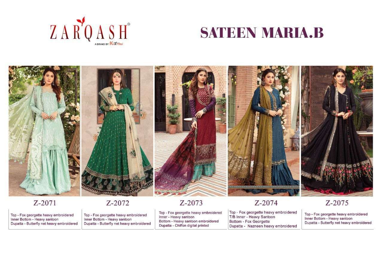 SATEEN MARIA.B BY ZARQASH 2071 TO 2075 SERIES DESIGNER PAKISTANI SUITS BEAUTIFUL FANCY COLORFUL STYLISH PARTY WEAR & OCCASIONAL WEAR FAUX GEORGETTE WITH EMBROIDERY DRESSES AT WHOLESALE PRICE