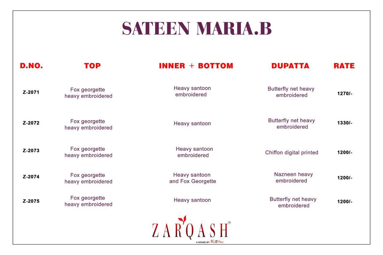 SATEEN MARIA.B BY ZARQASH 2071 TO 2075 SERIES DESIGNER PAKISTANI SUITS BEAUTIFUL FANCY COLORFUL STYLISH PARTY WEAR & OCCASIONAL WEAR FAUX GEORGETTE WITH EMBROIDERY DRESSES AT WHOLESALE PRICE