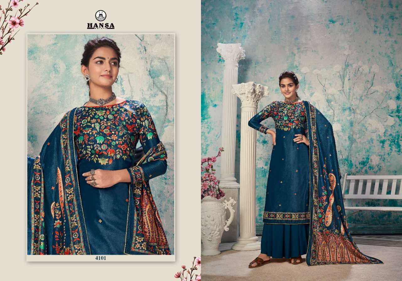 TRISHHA BY HANSA PRINT 4101 TO TO 4106 SERIES DESIGNER SUITS COLLECTION BEAUTIFUL STYLISH FANCY COLORFUL PARTY WEAR & ETHNIC WEAR VELVET DIGITAL PRINT DRESSES AT WHOLESALE PRICE