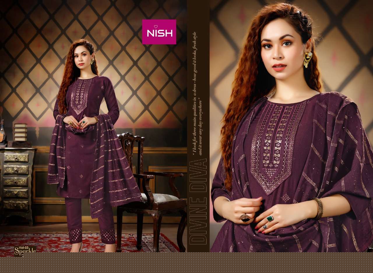 SPARKLE VOL-3 BY NISH 301 TO 306 SERIES BEAUTIFUL SUITS COLORFUL STYLISH FANCY CASUAL WEAR & ETHNIC WEAR HEAVY CHINNON DRESSES AT WHOLESALE PRICE