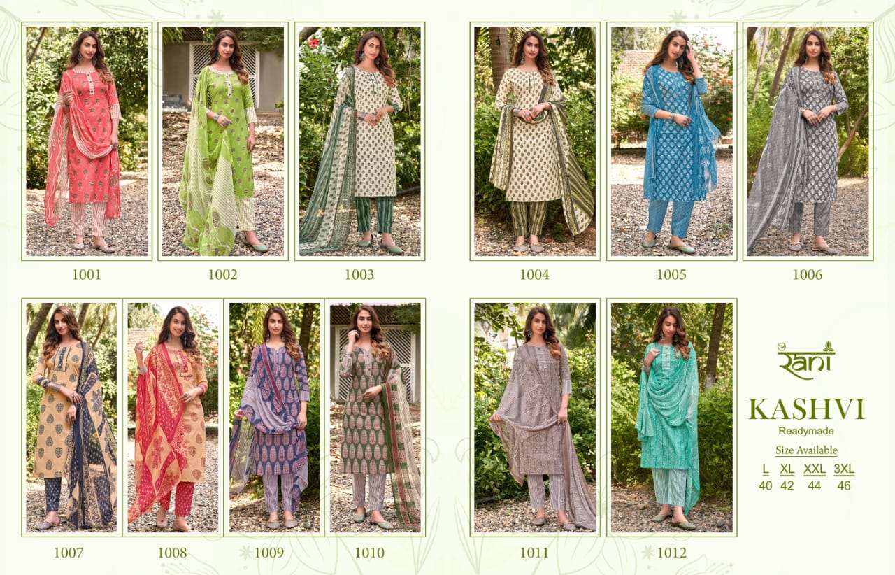 KASHVI BY RANI FASHION 1001 TO 1012 SERIES BEAUTIFUL STYLISH SUITS FANCY COLORFUL CASUAL WEAR & ETHNIC WEAR & READY TO WEAR PURE COTTON PRINTED DRESSES AT WHOLESALE PRICE
