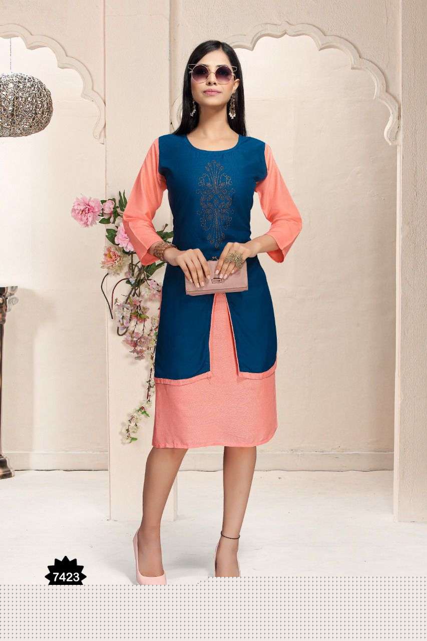 HONEY BY TRENDY 7423-A TO 7423-F SERIES DESIGNER STYLISH FANCY COLORFUL BEAUTIFUL PARTY WEAR & ETHNIC WEAR COLLECTION RAYON KURTIS AT WHOLESALE PRICE