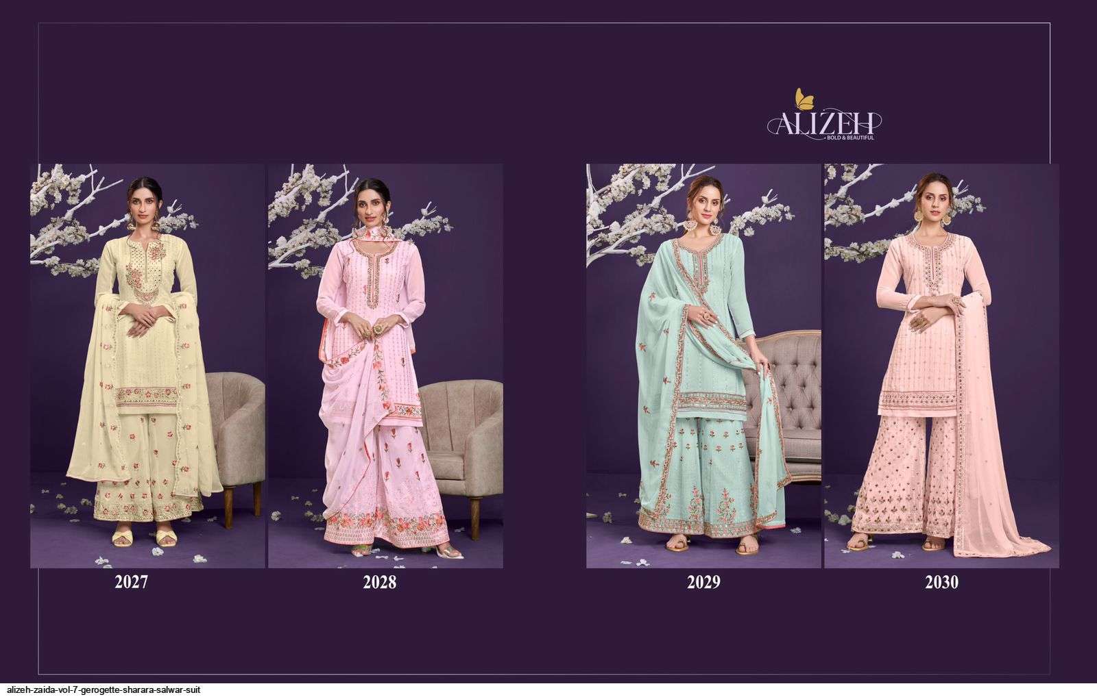 Zaida Vol-7 By Alizeh 2027 To 2030 Series Beautiful Stylish Sharara Suits Fancy Colorful Casual Wear & Ethnic Wear & Ready To Wear Net Embroidered Dresses At Wholesale Price