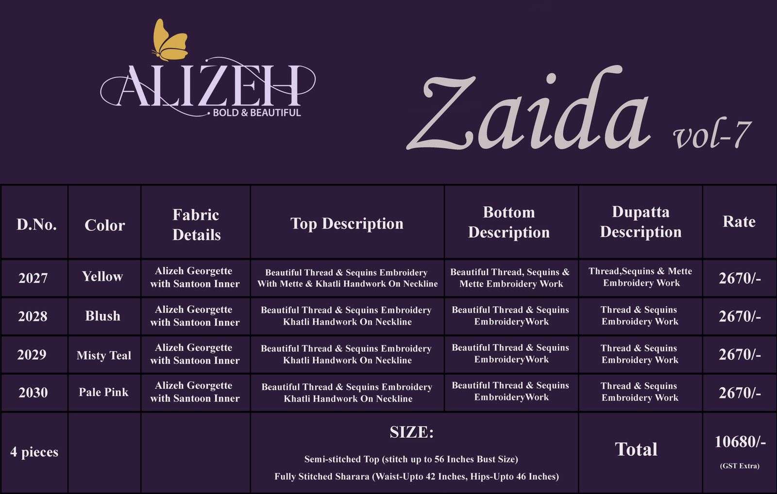 Zaida Vol-7 By Alizeh 2027 To 2030 Series Beautiful Stylish Sharara Suits Fancy Colorful Casual Wear & Ethnic Wear & Ready To Wear Net Embroidered Dresses At Wholesale Price