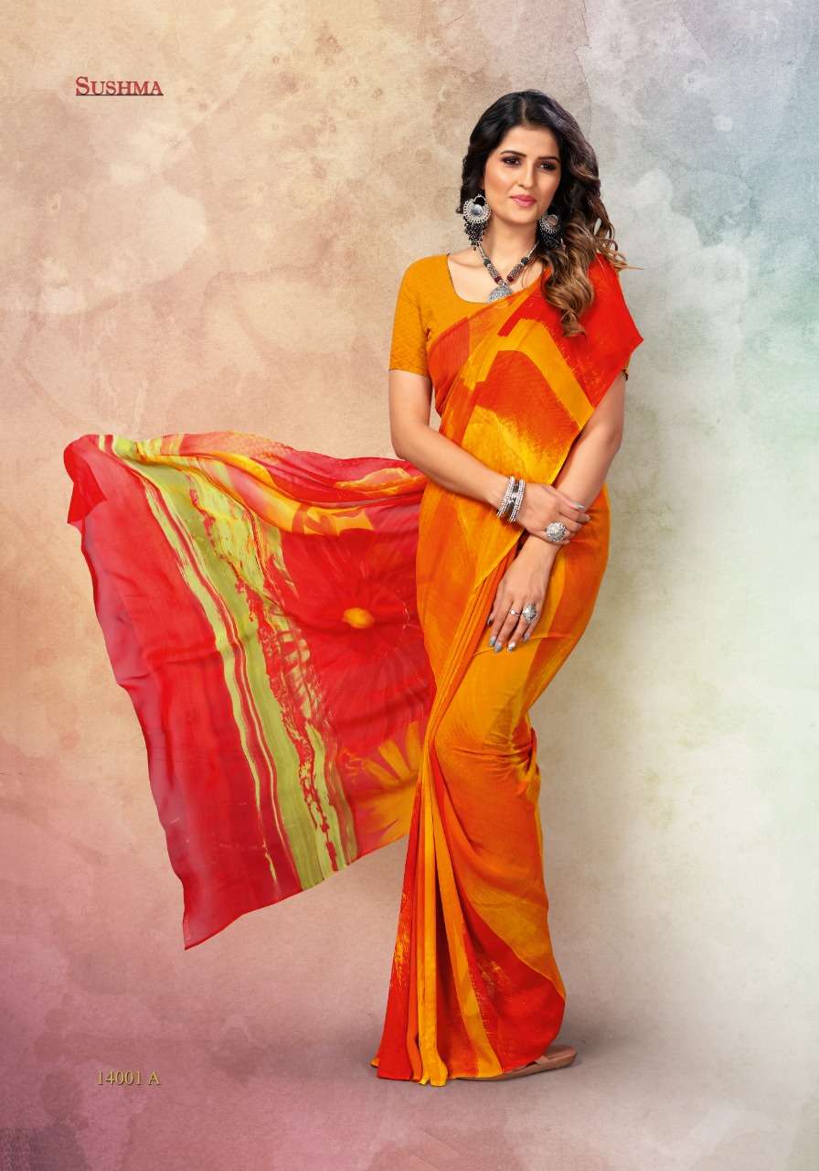 SUSHMA 14000 SERIES BY SUSHMA INDIAN TRADITIONAL WEAR COLLECTION BEAUTIFUL STYLISH FANCY COLORFUL PARTY WEAR & OCCASIONAL WEAR GEORGETTE DIGITAL PRINT SAREES AT WHOLESALE PRICE