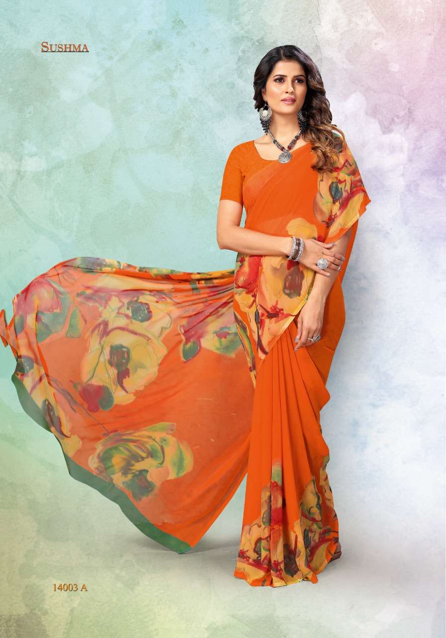 SUSHMA 14000 SERIES BY SUSHMA INDIAN TRADITIONAL WEAR COLLECTION BEAUTIFUL STYLISH FANCY COLORFUL PARTY WEAR & OCCASIONAL WEAR GEORGETTE DIGITAL PRINT SAREES AT WHOLESALE PRICE